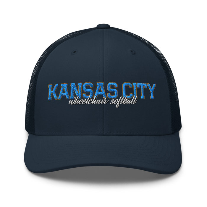 Front angle of the MAS Kansas City Wheelchair Softball Script Navy Curved Bill Trucker Snapback against a white background