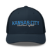 Front angle of the MAS Kansas City Wheelchair Softball Script Navy Curved Bill Trucker Snapback against a white background
