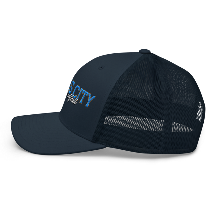 Left angle of the MAS Kansas City Wheelchair Softball Script Navy Curved Bill Trucker Snapback against a white background