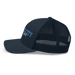 Left angle of the MAS Kansas City Wheelchair Softball Script Navy Curved Bill Trucker Snapback against a white background