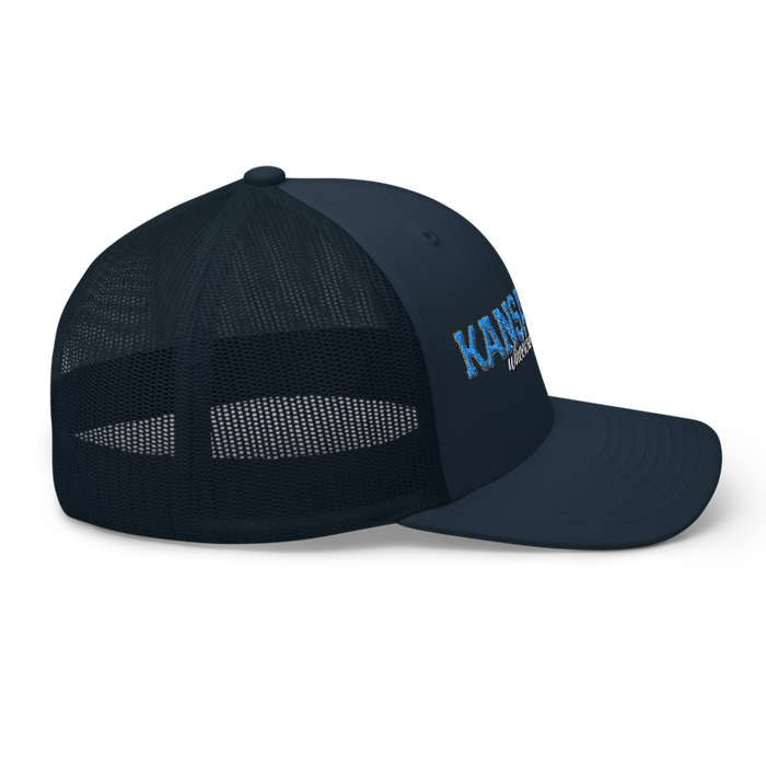 Right angle of the MAS Kansas City Wheelchair Softball Script Navy Curved Bill Trucker Snapback against a white background