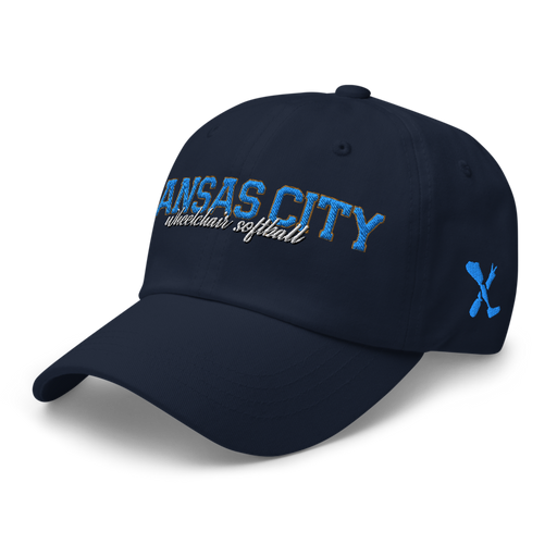 Front left angle of the MAS Kansas City Wheelchair Softball Script Navy Dad Hat against a white background
