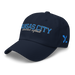 Front left angle of the MAS Kansas City Wheelchair Softball Script Navy Dad Hat against a white background