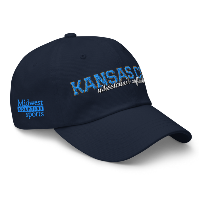 Front right angle of the MAS Kansas City Wheelchair Softball Script Navy Dad Hat against a white background