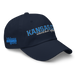 Front right angle of the MAS Kansas City Wheelchair Softball Script Navy Dad Hat against a white background