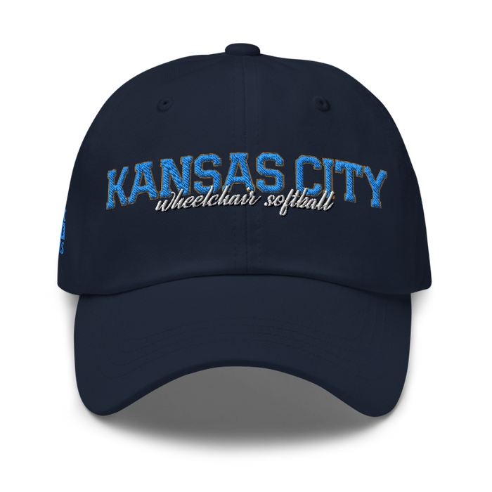 Front angle of the MAS Kansas City Wheelchair Softball Script Navy Dad Hat against a white background