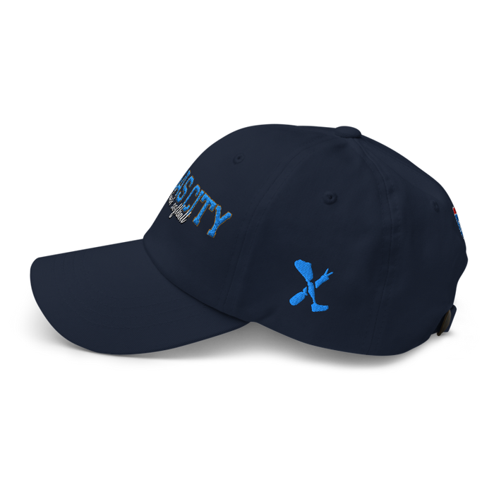 Left angle of the MAS Kansas City Wheelchair Softball Script Navy Dad Hat against a white background