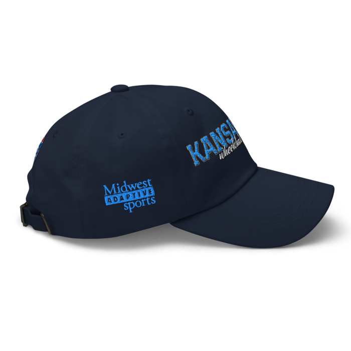 Right angle of the MAS Kansas City Wheelchair Softball Script Navy Dad Hat against a white background