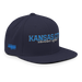 Front right angle of the MAS Kansas City Wheelchair Softball Script Navy Flat Bill Snapback against a white background