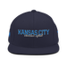 Front angle of the MAS Kansas City Wheelchair Softball Script Navy Flat Bill Snapback against a white background