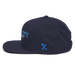 Left angle of the MAS Kansas City Wheelchair Softball Script Navy Flat Bill Snapback against a white background