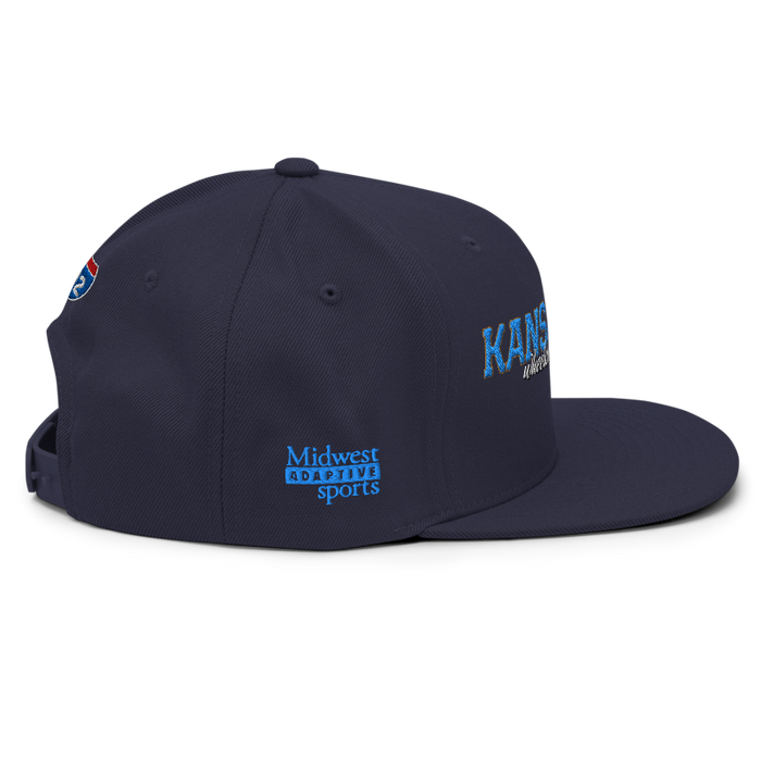 Right angle of the MAS Kansas City Wheelchair Softball Script Navy Flat Bill Snapback against a white background