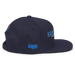 Right angle of the MAS Kansas City Wheelchair Softball Script Navy Flat Bill Snapback against a white background