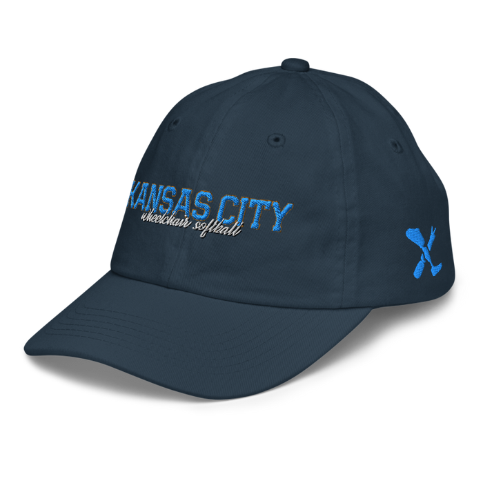 Front left angle of the MAS Kansas City Wheelchair Softball Script Navy Youth Dad Hat against a white background