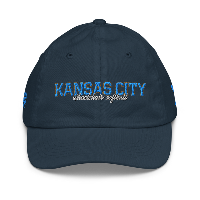 Front angle of the MAS Kansas City Wheelchair Softball Script Navy Youth Dad Hat against a white background