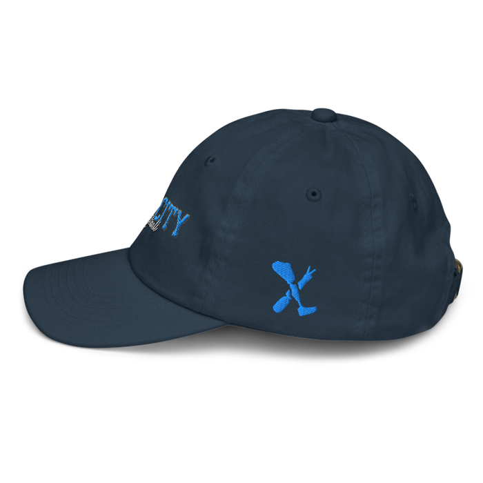 Left angle of the MAS Kansas City Wheelchair Softball Script Navy Youth Dad Hat against a white background