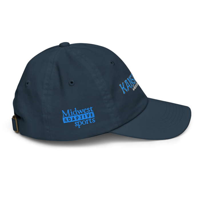 Right angle of the MAS Kansas City Wheelchair Softball Script Navy Youth Dad Hat against a white background