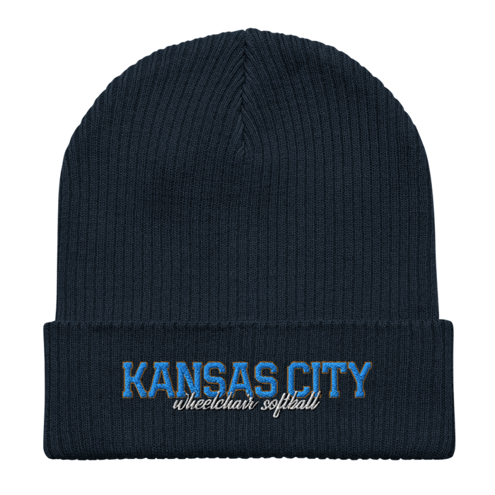 Front angle of the MAS Kansas City Wheelchair Softball Script Oxford Navy Organic Beanie laid flat against a white background