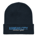 Front angle of the MAS Kansas City Wheelchair Softball Script Oxford Navy Organic Beanie laid flat against a white background