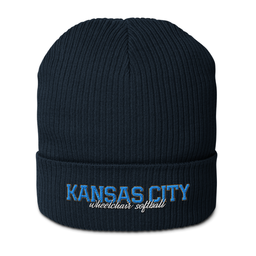 Front angle of the MAS Kansas City Wheelchair Softball Script Oxford Navy Organic Beanie against a white background