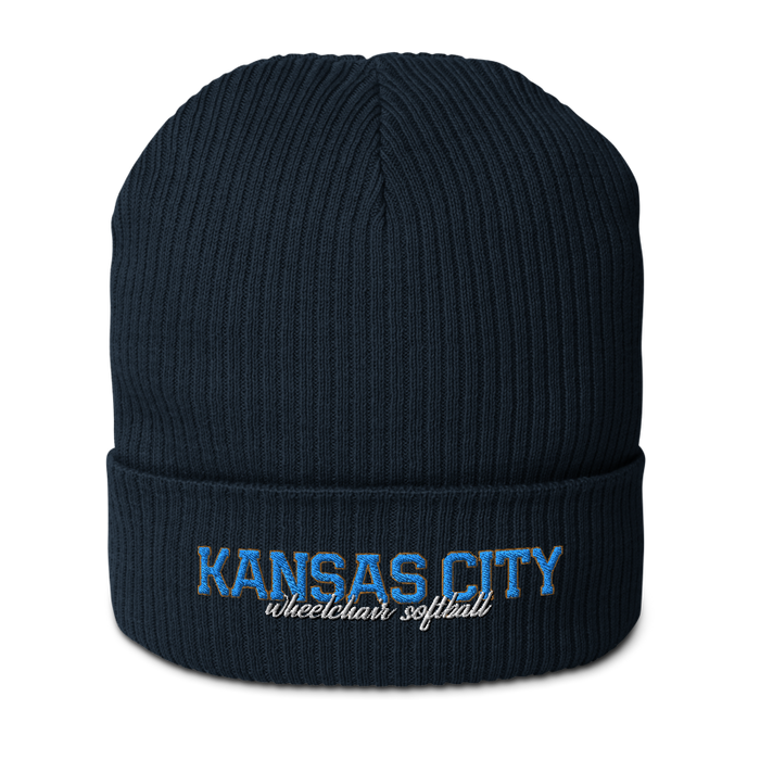 Front angle of the MAS Kansas City Wheelchair Softball Script Oxford Navy Organic Beanie against a white background