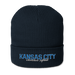 Front angle of the MAS Kansas City Wheelchair Softball Script Oxford Navy Organic Beanie against a white background