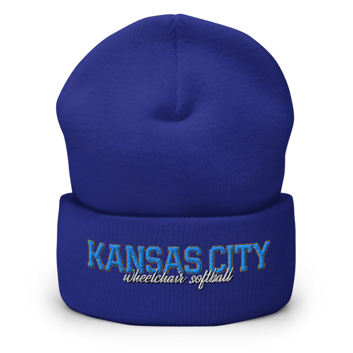 Front angle of the MAS Kansas City Wheelchair Softball Script Royal Beanie against a white background