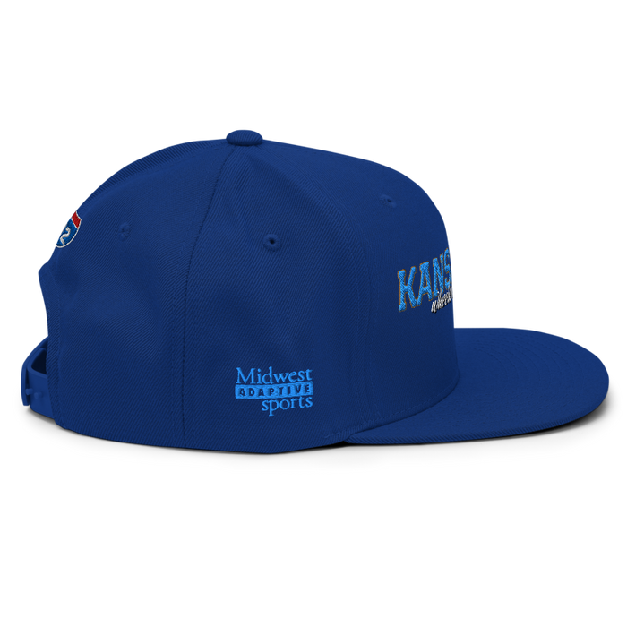 Right angle of the MAS Kansas City Wheelchair Softball Script Royal Blue Flat Bill Snapback against a white background