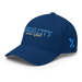 Front left angle of the MAS Kansas City Wheelchair Softball Script Royal Blue Flexfit Curved Bill Fitted against a white background