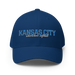 Front angle of the MAS Kansas City Wheelchair Softball Script Royal Blue Flexfit Curved Bill Fitted against a white background