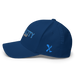 Left angle of the MAS Kansas City Wheelchair Softball Script Royal Blue Flexfit Curved Bill Fitted against a white background