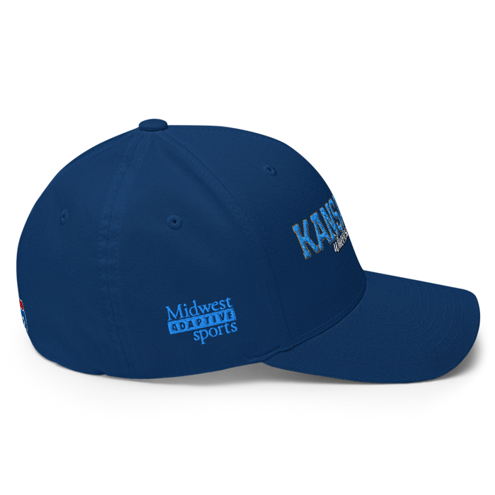 Right angle of the MAS Kansas City Wheelchair Softball Script Royal Blue Flexfit Curved Bill Fitted against a white background