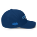 Right angle of the MAS Kansas City Wheelchair Softball Script Royal Blue Flexfit Curved Bill Fitted against a white background