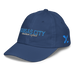 Front left angle of the MAS Kansas City Wheelchair Softball Script Royal Youth Dad Hat against a white background