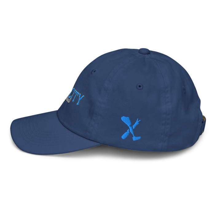 Left angle of the MAS Kansas City Wheelchair Softball Script Royal Youth Dad Hat against a white background