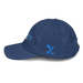 Left angle of the MAS Kansas City Wheelchair Softball Script Royal Youth Dad Hat against a white background