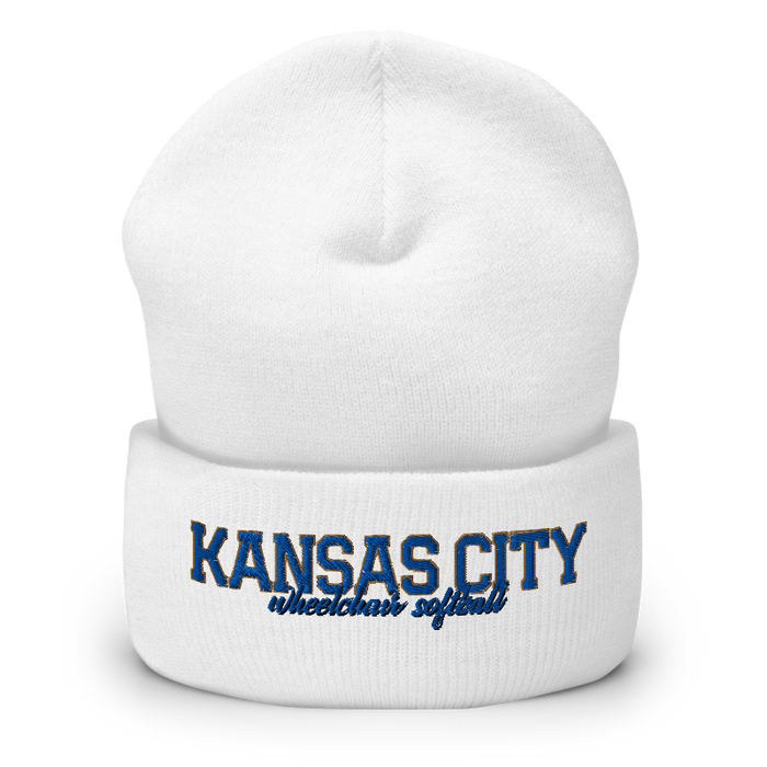 Front angle of the MAS Kansas City Wheelchair Softball Script White Beanie against a white background