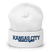 Front angle of the MAS Kansas City Wheelchair Softball Script White Beanie against a white background