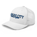 Front left angle of the MAS Kansas City Wheelchair Softball Script White Curved Bill Trucker Snapback against a white background