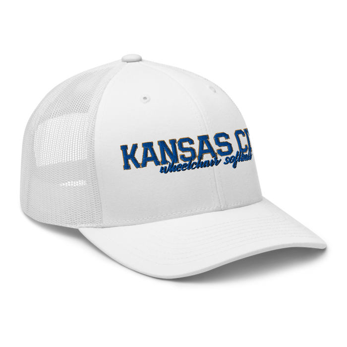Front right angle of the MAS Kansas City Wheelchair Softball Script White Curved Bill Trucker Snapback against a white background