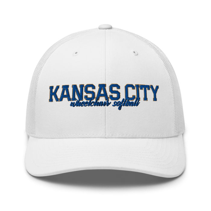 Front angle of the MAS Kansas City Wheelchair Softball Script White Curved Bill Trucker Snapback against a white background