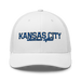 Front angle of the MAS Kansas City Wheelchair Softball Script White Curved Bill Trucker Snapback against a white background