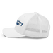 Left angle of the MAS Kansas City Wheelchair Softball Script White Curved Bill Trucker Snapback against a white background