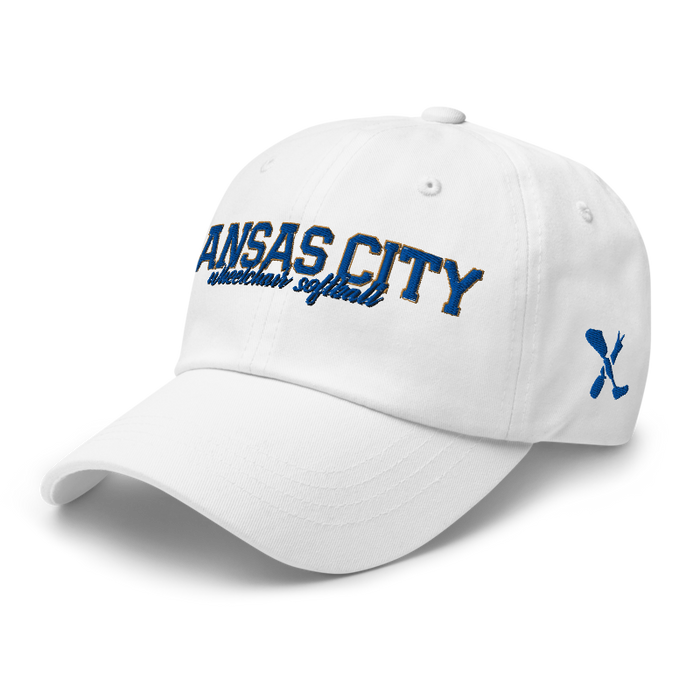 Front left angle of the MAS Kansas City Wheelchair Softball Script White Dad Hat against a white background