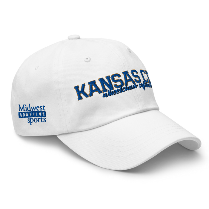 Front right angle of the MAS Kansas City Wheelchair Softball Script White Dad Hat against a white background