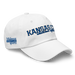 Front right angle of the MAS Kansas City Wheelchair Softball Script White Dad Hat against a white background