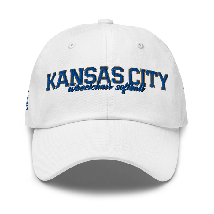 Front angle of the MAS Kansas City Wheelchair Softball Script White Dad Hat against a white background