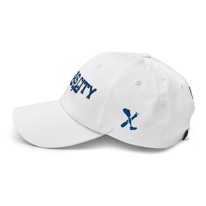 Left angle of the MAS Kansas City Wheelchair Softball Script White Dad Hat against a white background