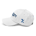 Left angle of the MAS Kansas City Wheelchair Softball Script White Dad Hat against a white background