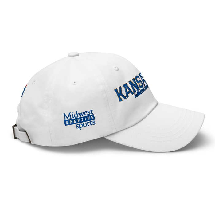 Right angle of the MAS Kansas City Wheelchair Softball Script White Dad Hat against a white background